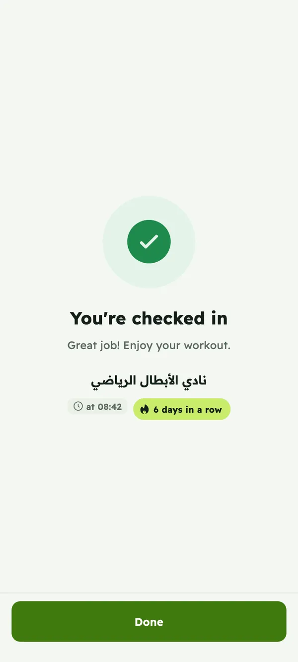 Check-in confirmation: You're checked in, with the gym name and time